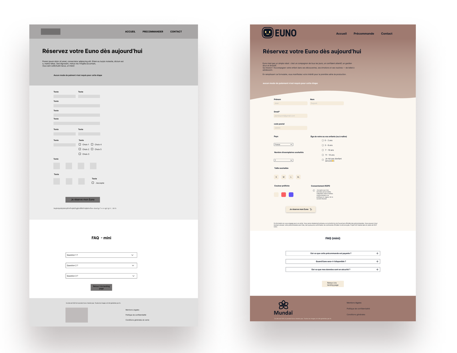 Wireframe du formulaire de précommande