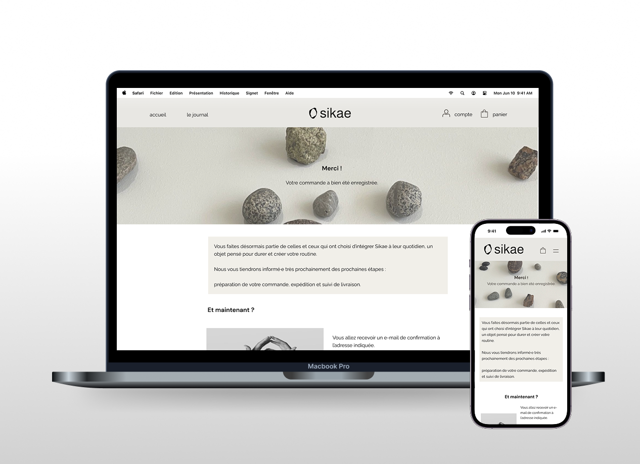 Résultat final : confirmation de commande du site Sikae