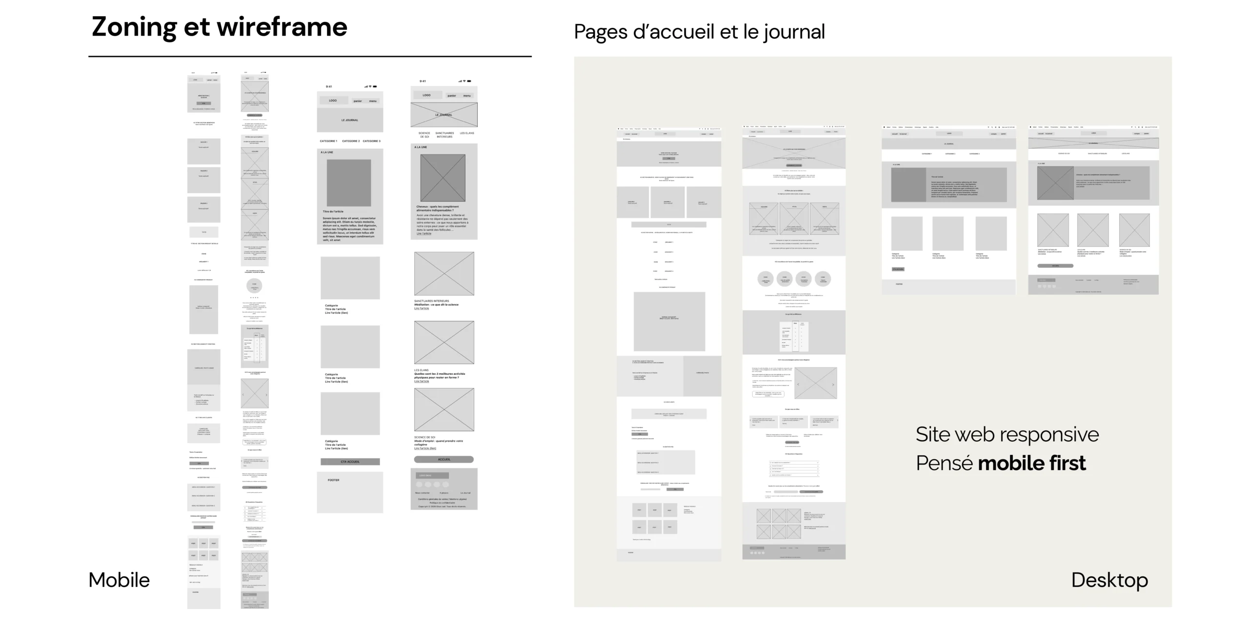 Zoning et wireframes de la page d'accueil, versions mobile et desktop